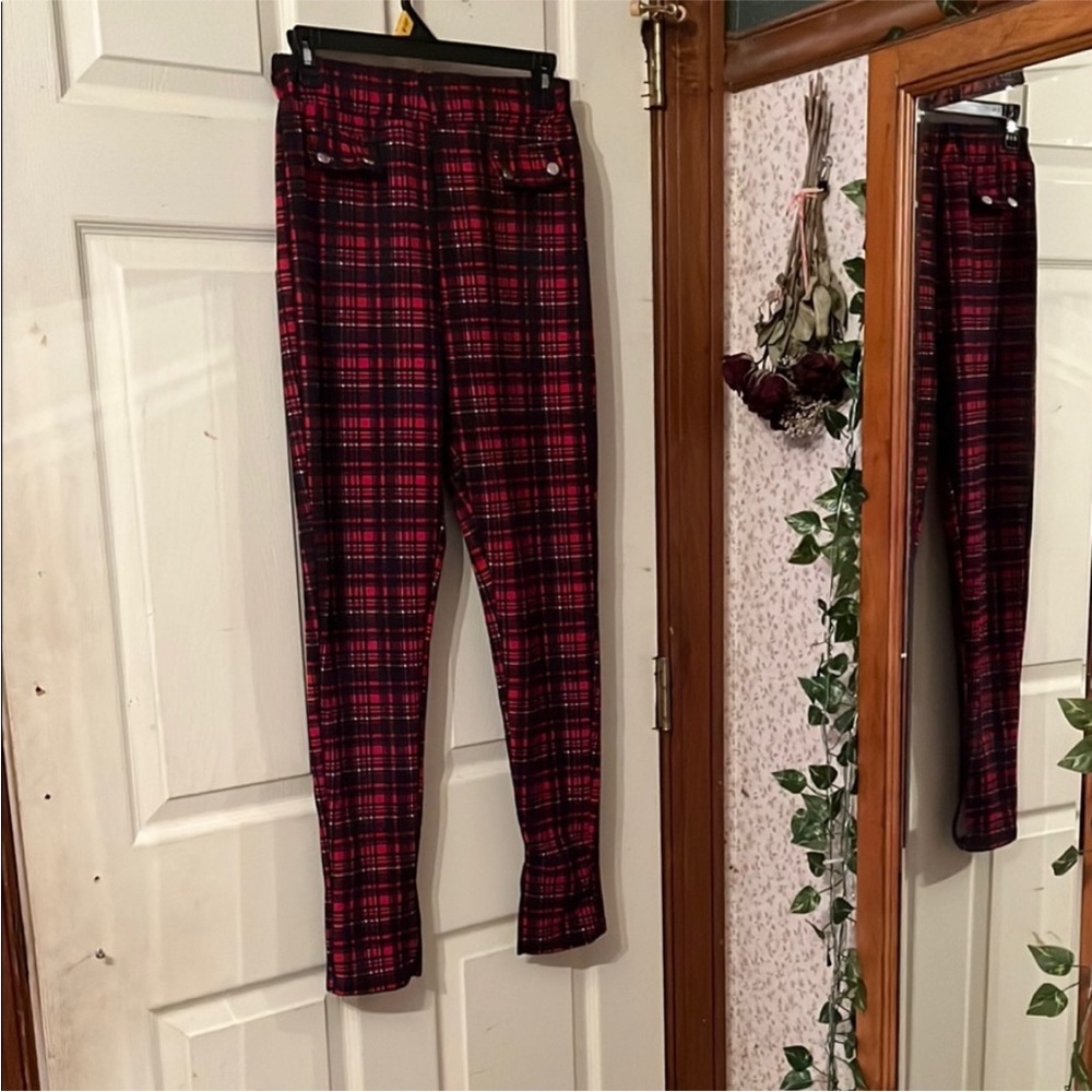 SHEIN Red and Black Plaid Pants